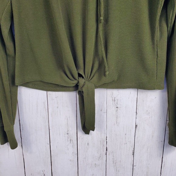 Lily White Knit Crop Sweatshirt Hooded Womens Size Medium Green Light Weight - Picture 5 of 8